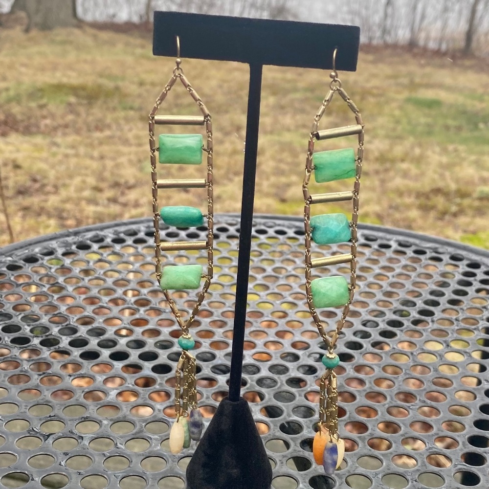 Anthropologie long earrings gold green